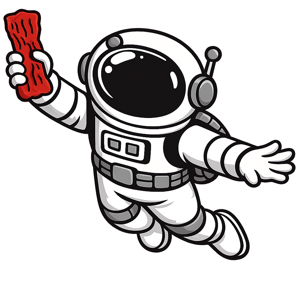 Astro Jerky astronaut mascot holding a piece of jerky